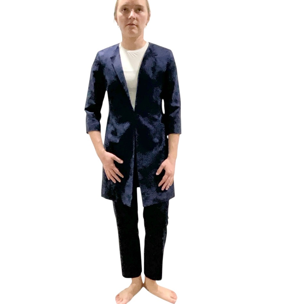 Talbots Petites Navy Blue Brocade Jacquard Collarless Long Jacket Coat Pant Suit - Picture 6 of 10